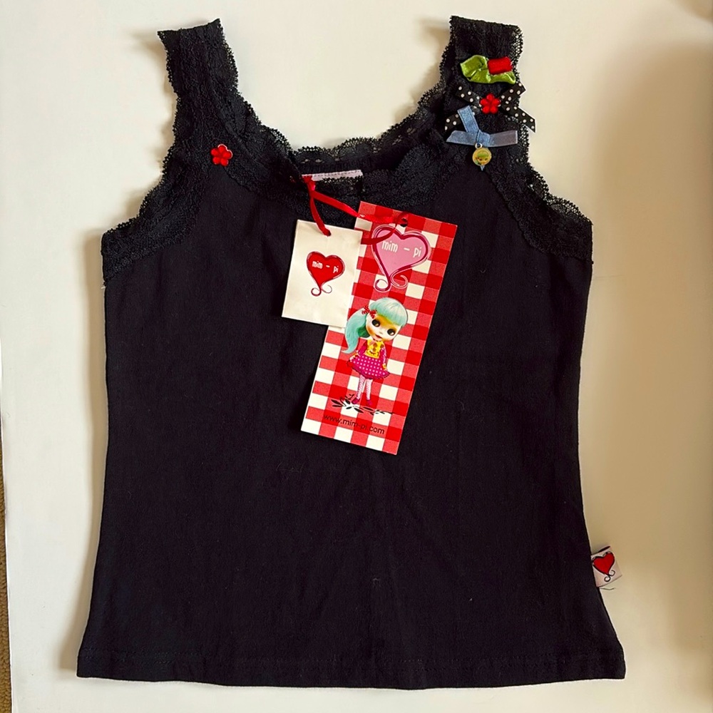 NWT Mim-pi Girls Black Eyelet TankTop Tee Size 6 years 116